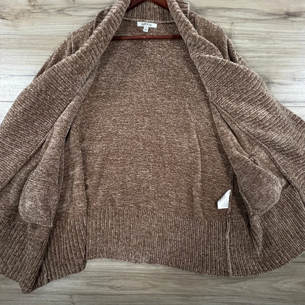 Orvis Brown Chenille Cardigan Sweater Shawl Collar Open Front Pockets Large
